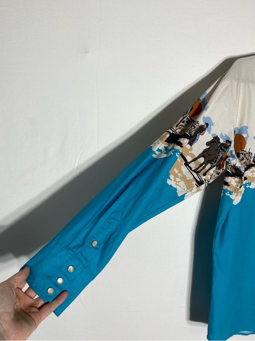 Vintage 90s Panhandle Slim Cowboy Border Print Pearl Snap Western Shirt L - Picture 11 of 14